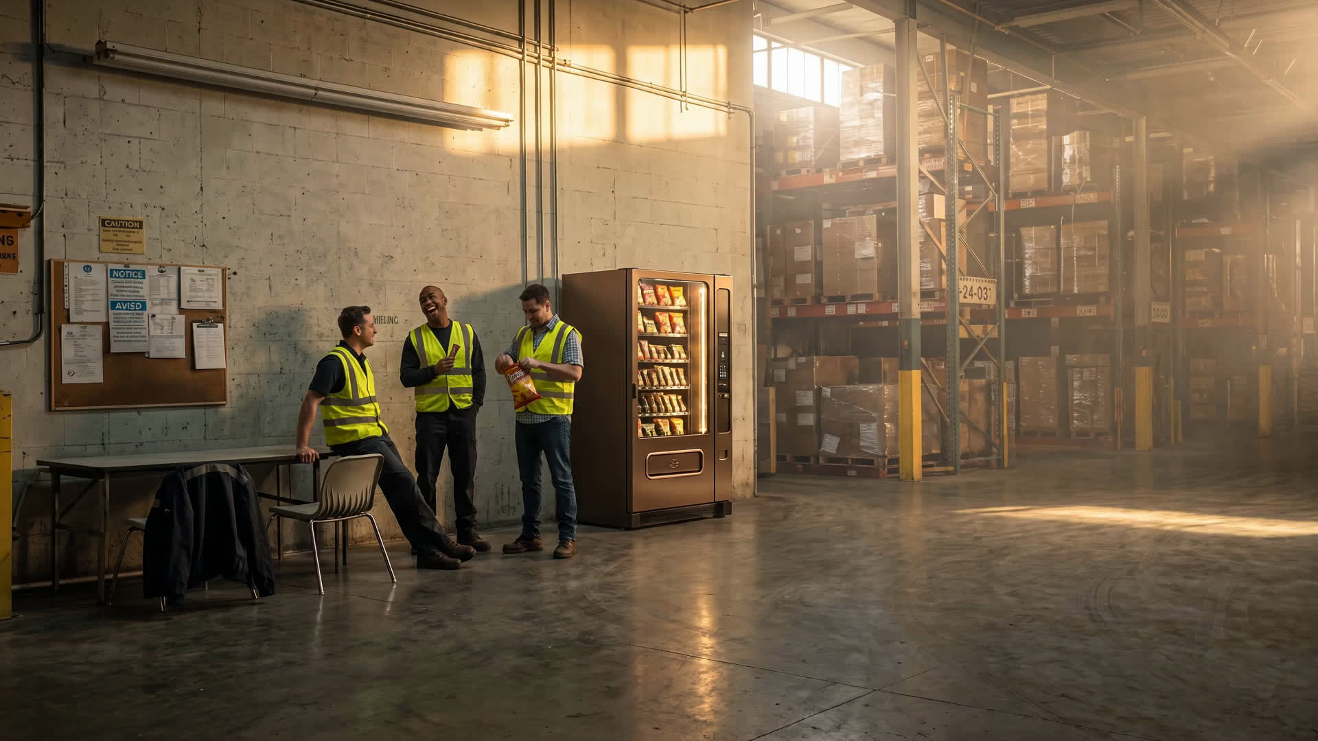 A sunlit warehouse corner with a stocked vending machine and workers.