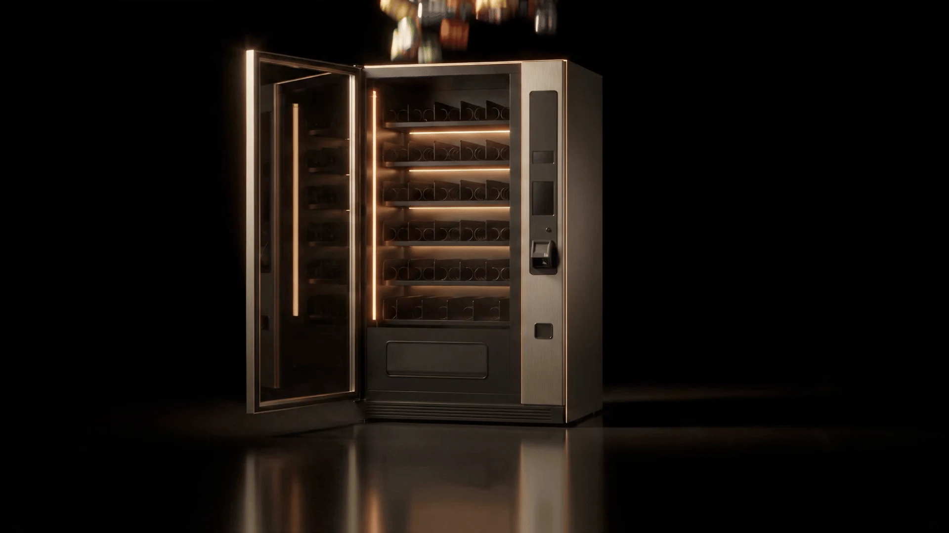Open, empty vending machine glowing in the dark